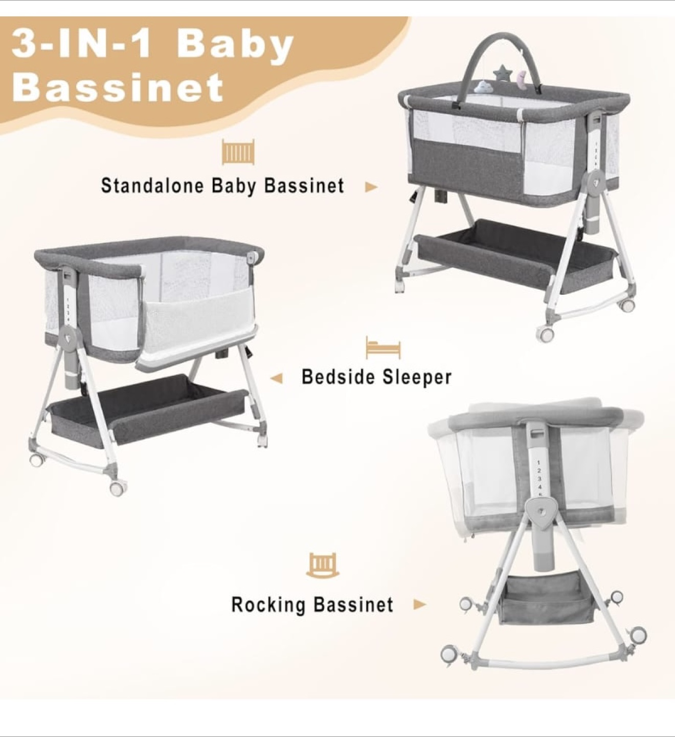 MEICHYUN 3-in-1 Light Grey Baby Bassinet - photo 4