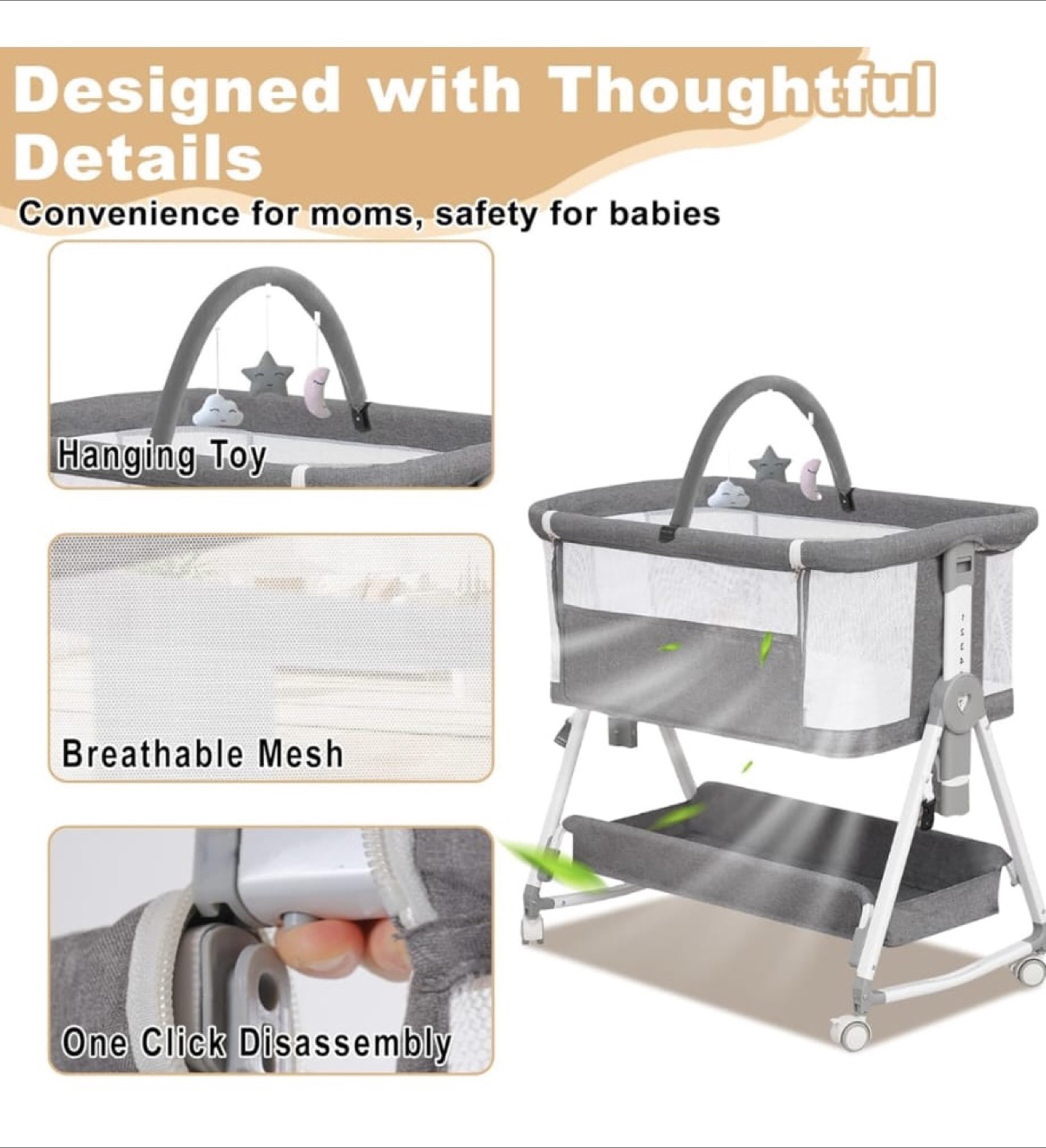 MEICHYUN 3-in-1 Light Grey Baby Bassinet - photo 3