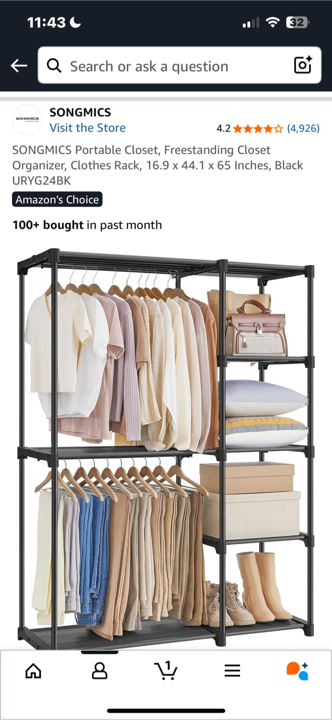 SONGMICS Portable Freestanding Closet Organizer