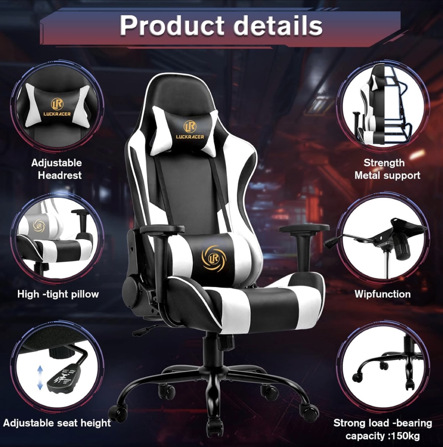LUCKRACER Gaming Chair - Black & White - photo 3