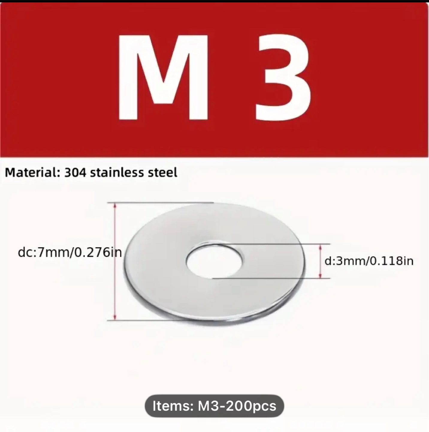 200/pcs 304 Stainless Steel Flat Washers (M3) Suitable