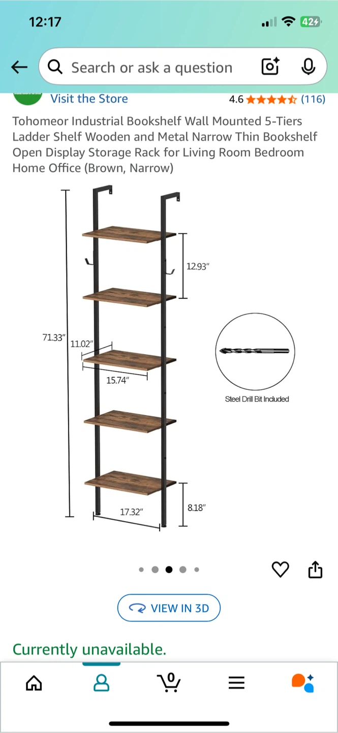 Tohoomeor Industrial Bookshelf Wall Mounted 5-Tiers - photo 2