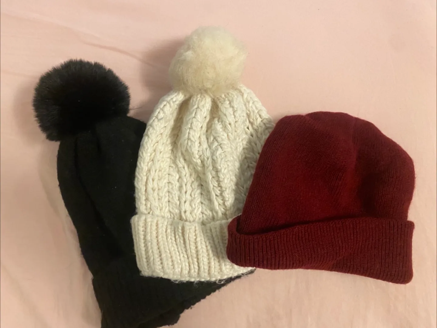 Three Knit Beanies - Black, Cream, Red thumbnail