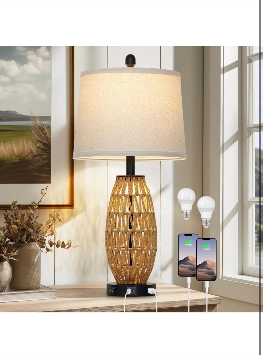 Rattan Table Lamp with Linen Shade & USB Ports thumbnail