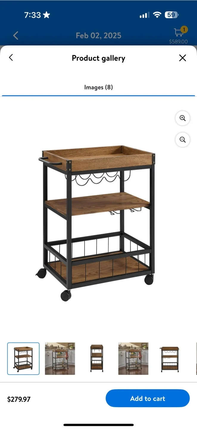 Rolling Bar Cart with Wine Rack thumbnail