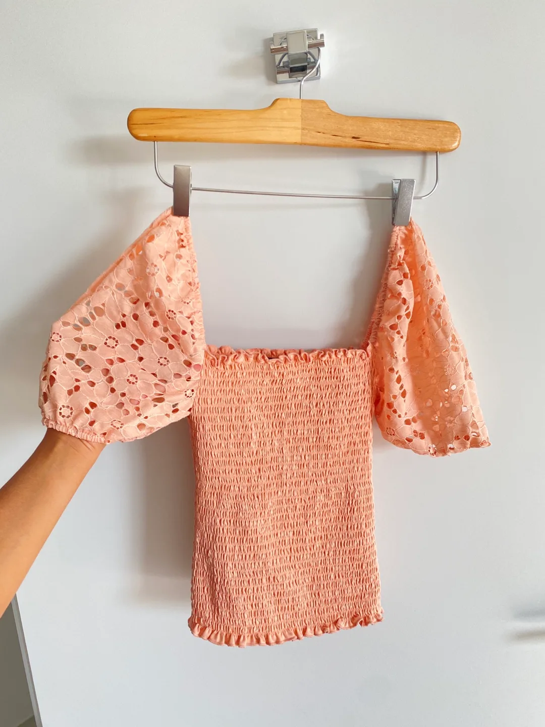 Peach smocked top with puff sleeves thumbnail
