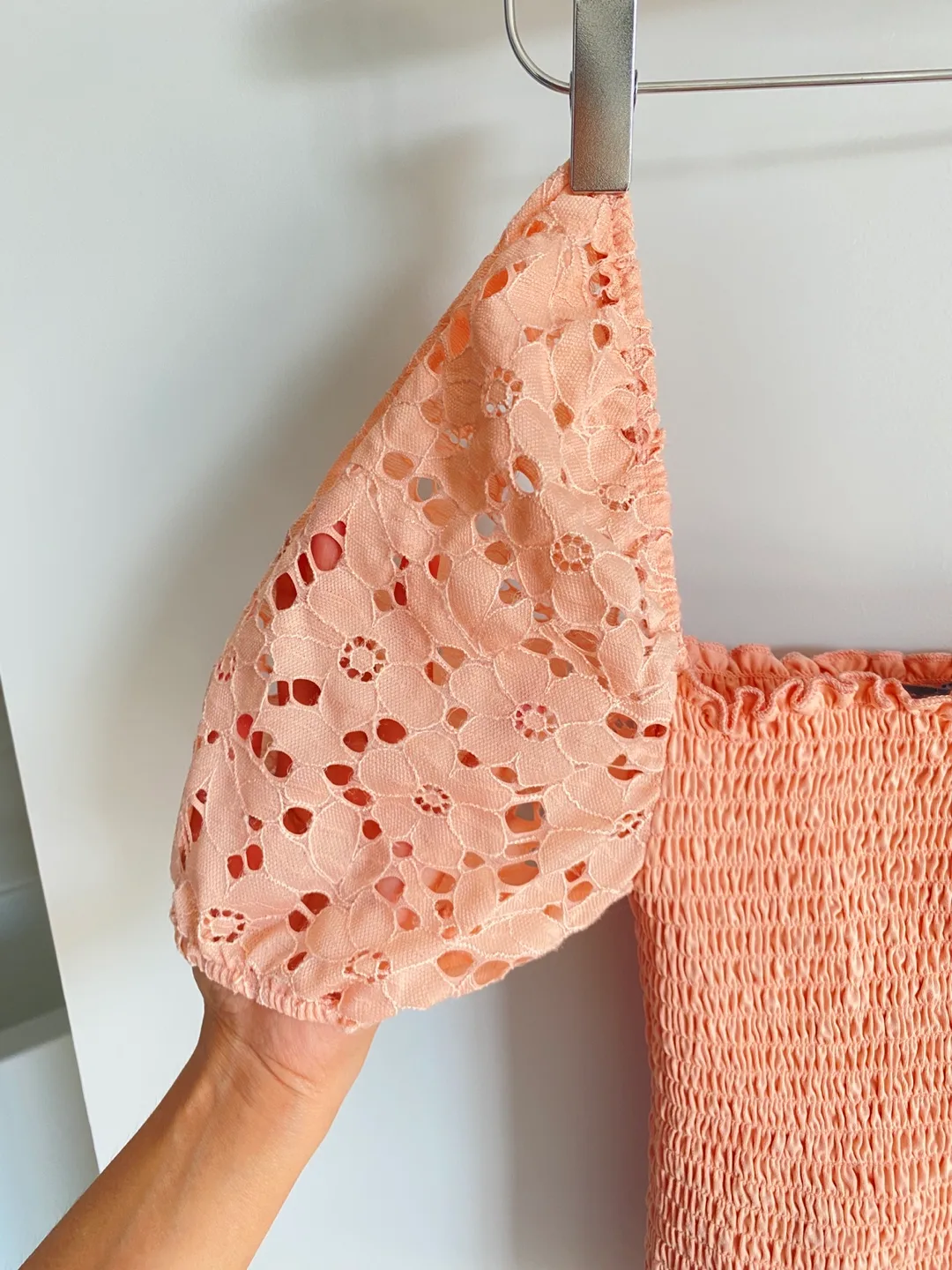 Peach smocked top with puff sleeves image indicator(2)