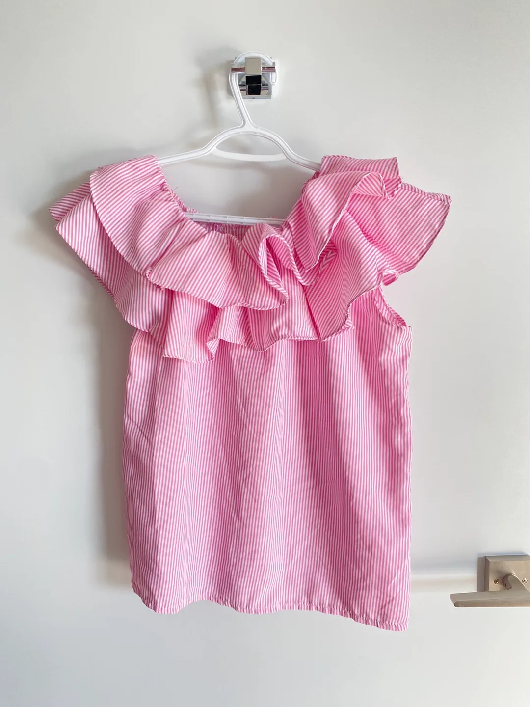 Pink One Shoulder Striped Ruffle Top thumbnail