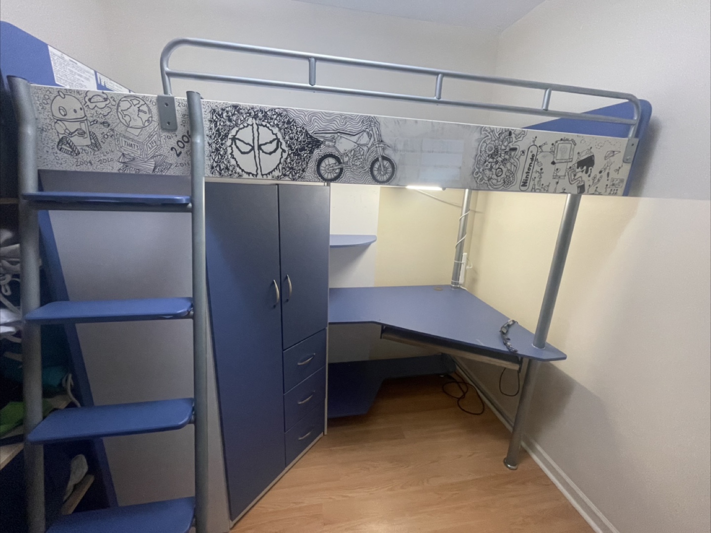 Blue Loft Bed with Desk and Wardrobe