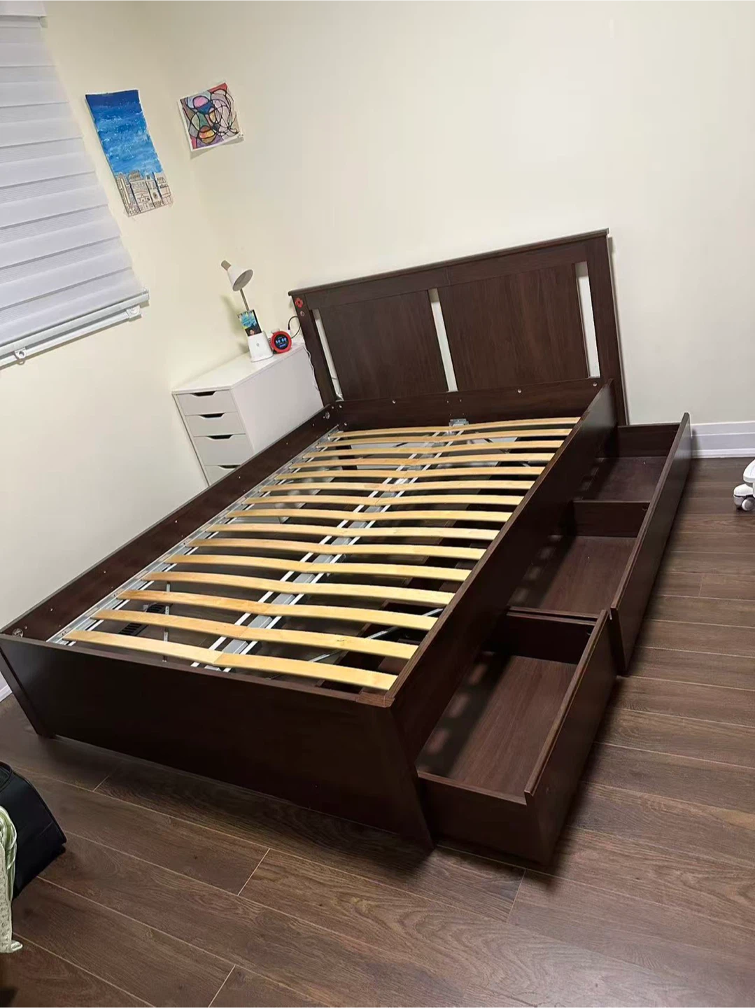 Double-site Dark Brown Bed Frame with two Storage