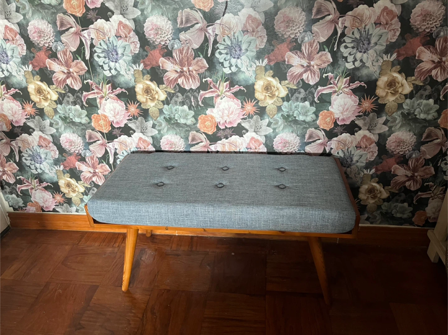 Modern Bench with blue seat cushion