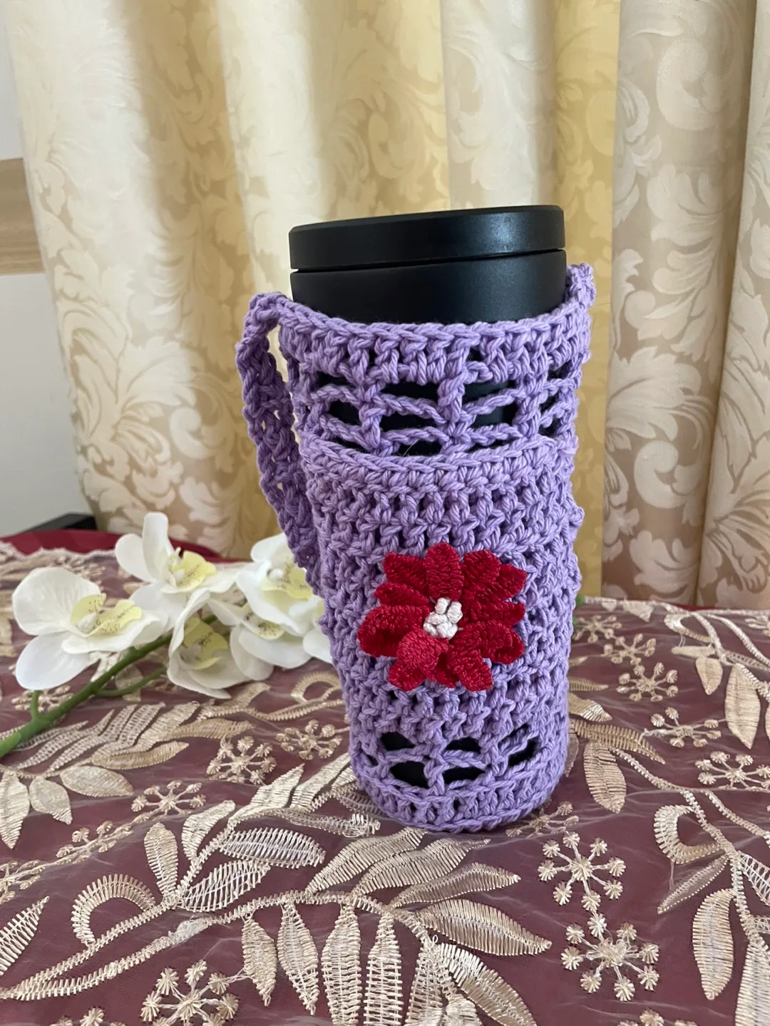 Handmade Crocheted Cup Cozy - Purple thumbnail