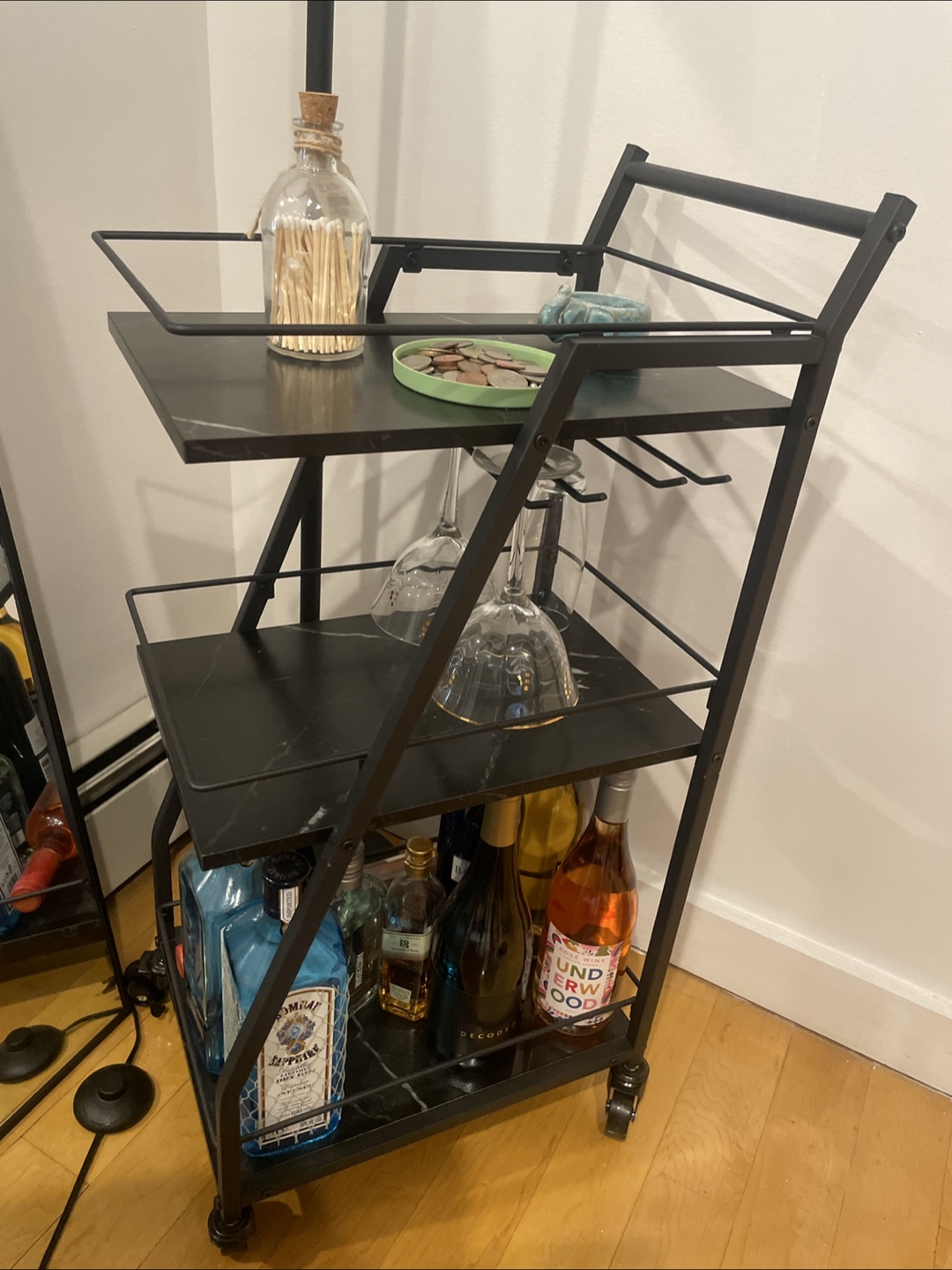 Black Metal Bar Cart with Marble Shelves - photo 2