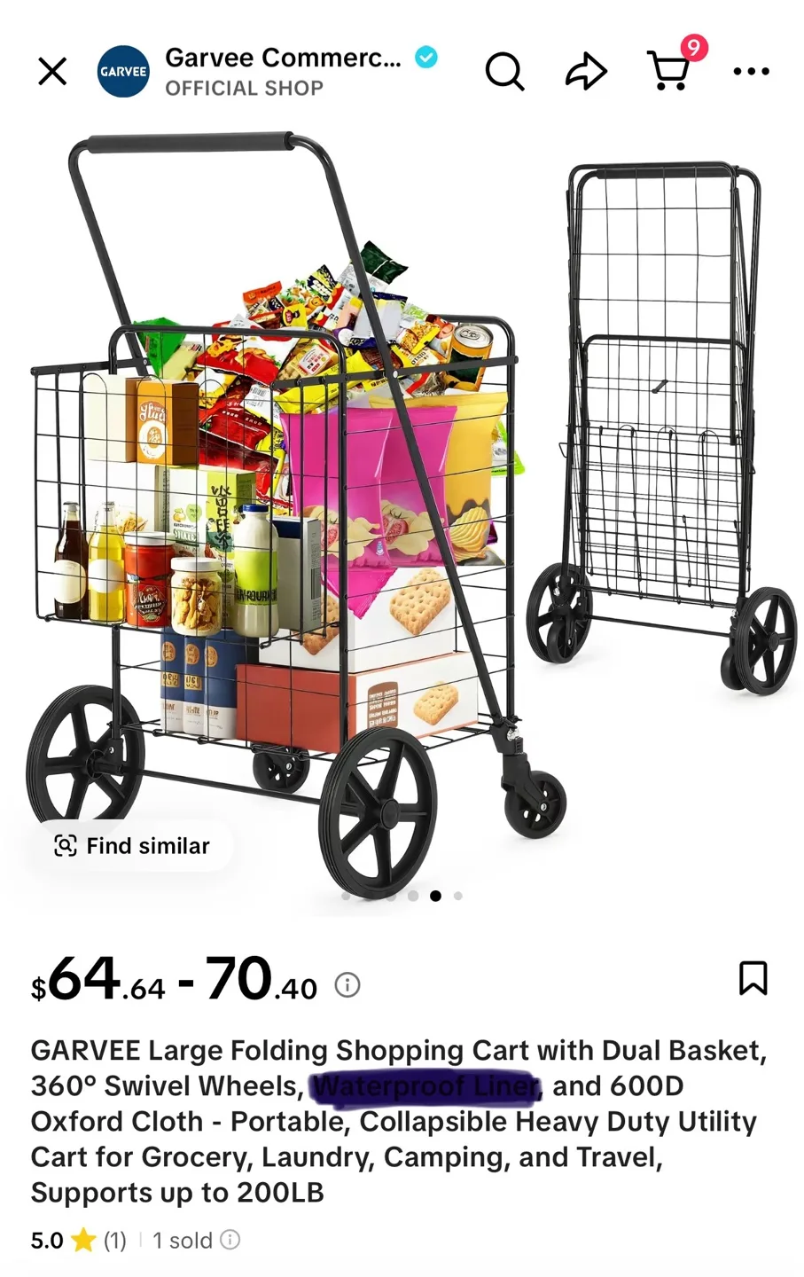 GARVEE Folding Shopping Cart with Dual Basket thumbnail
