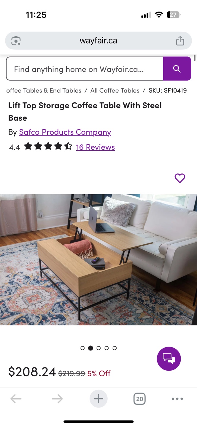 Original price:220CAD -Lift Top Coffee Table - Wood & Metal