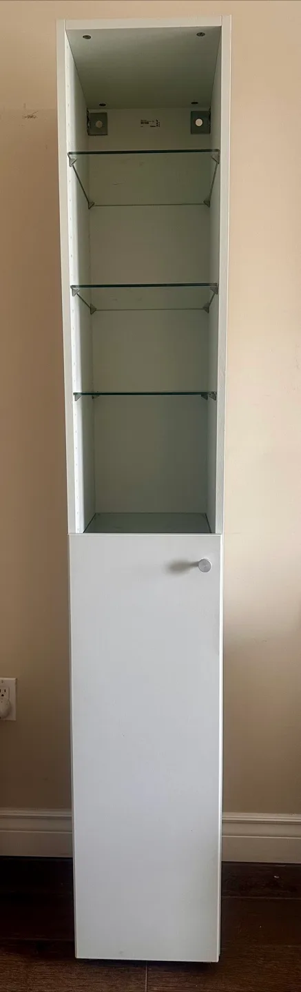 Ikea White Tall Cabinet with Glass Shelves on wheels! thumbnail