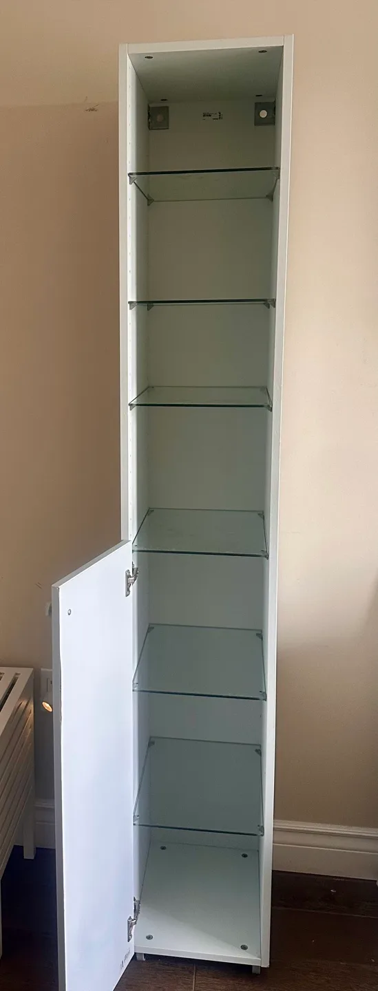Ikea White Tall Cabinet with Glass Shelves on wheels! image indicator(2)
