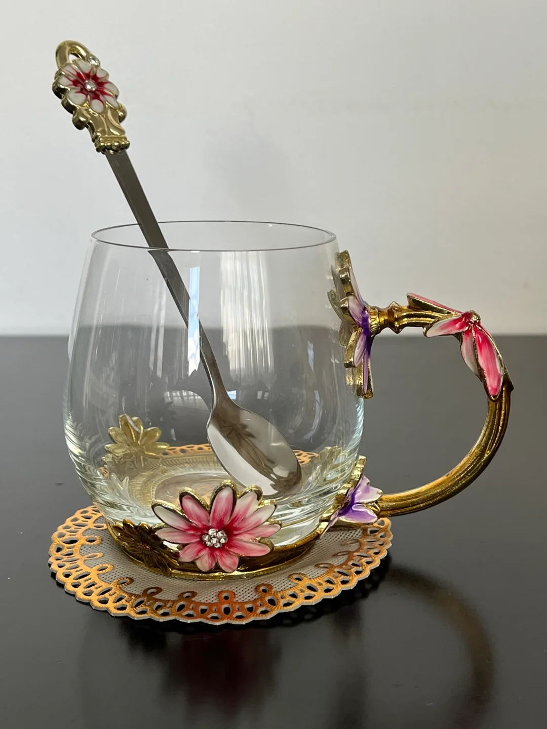 Luxury Flower Design Glass Mug with Spoon image indicator(2)