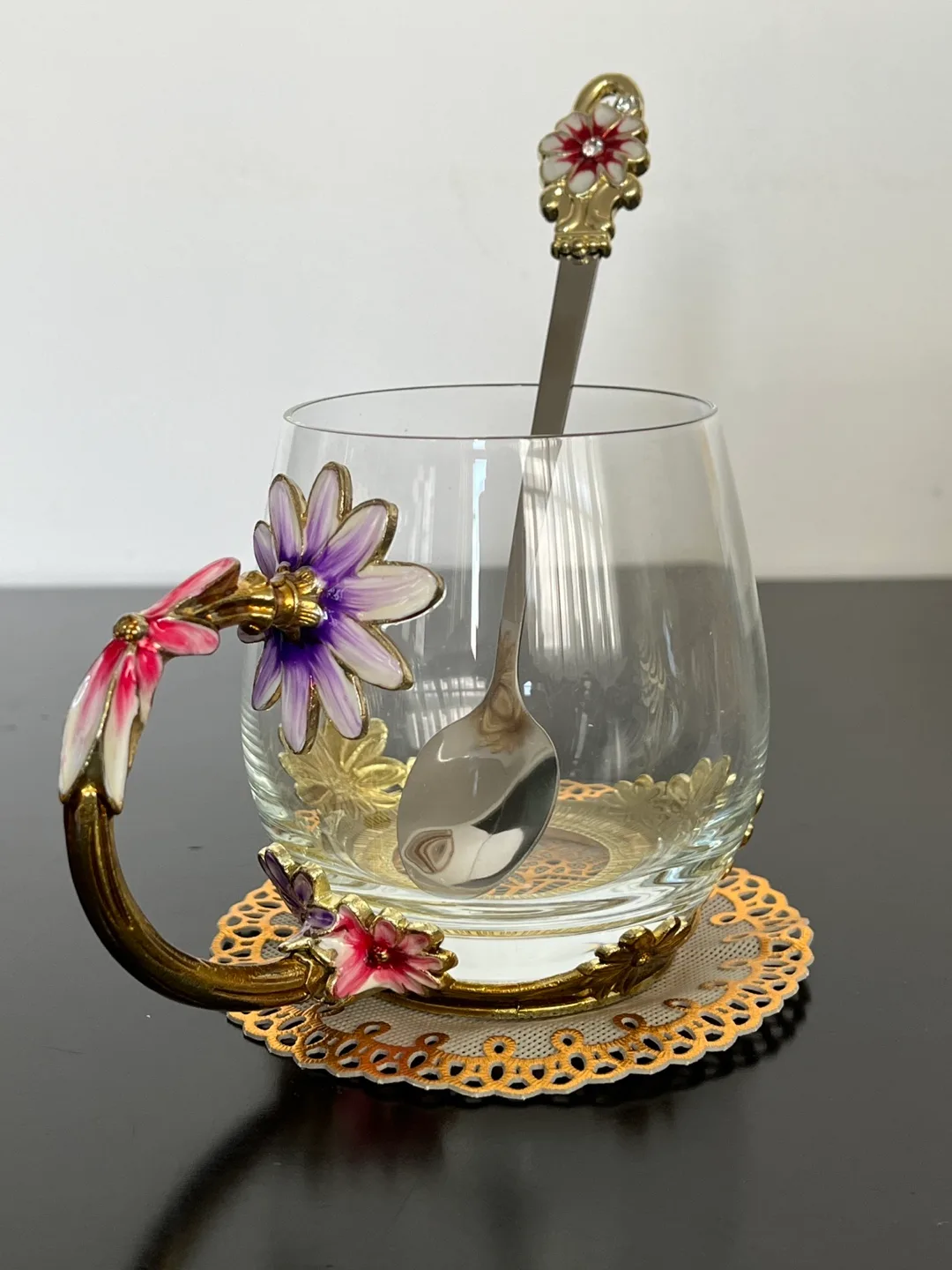 Luxury Flower Design Glass Mug with Spoon image indicator(3)