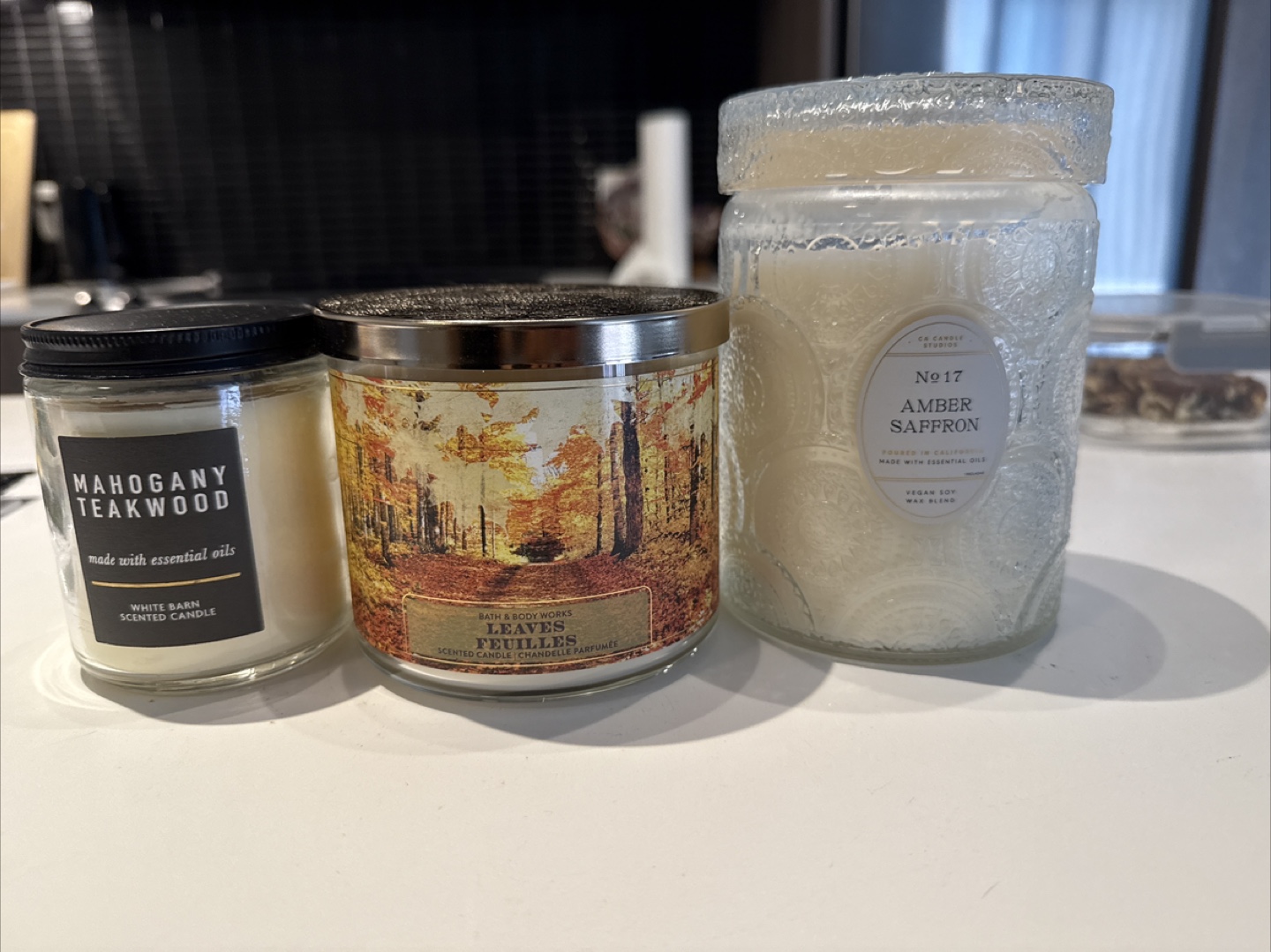 Candles: Mahogany Teakwood, Leaves, Amber Saffron