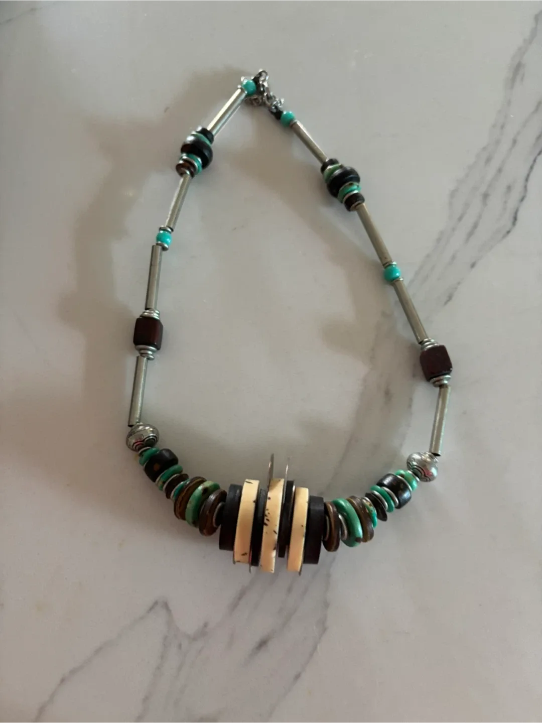 Beaded Necklace - Turquoise, Brown, Silver thumbnail