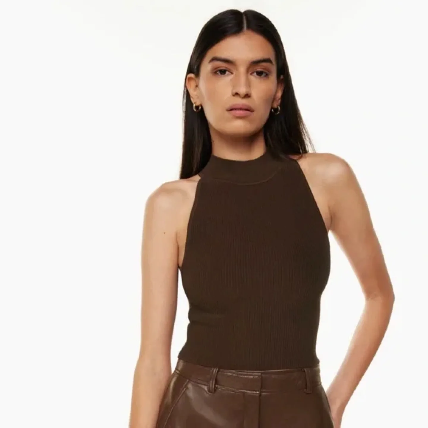 Sculpt Knit Mockneck Halter Top (Brown) image indicator(2)