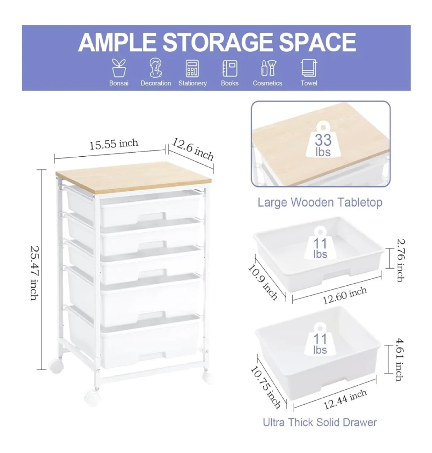 Rolling Storage Cart with 5 Drawers image indicator(3)
