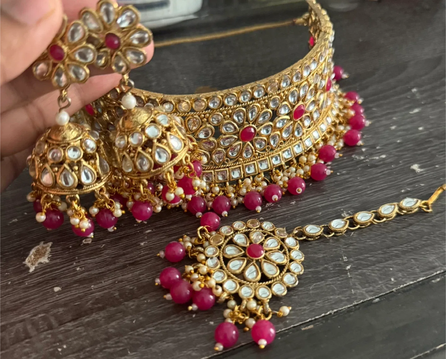 Indian Jewelry Set - Gold Tone with Pink Beads image indicator(2)