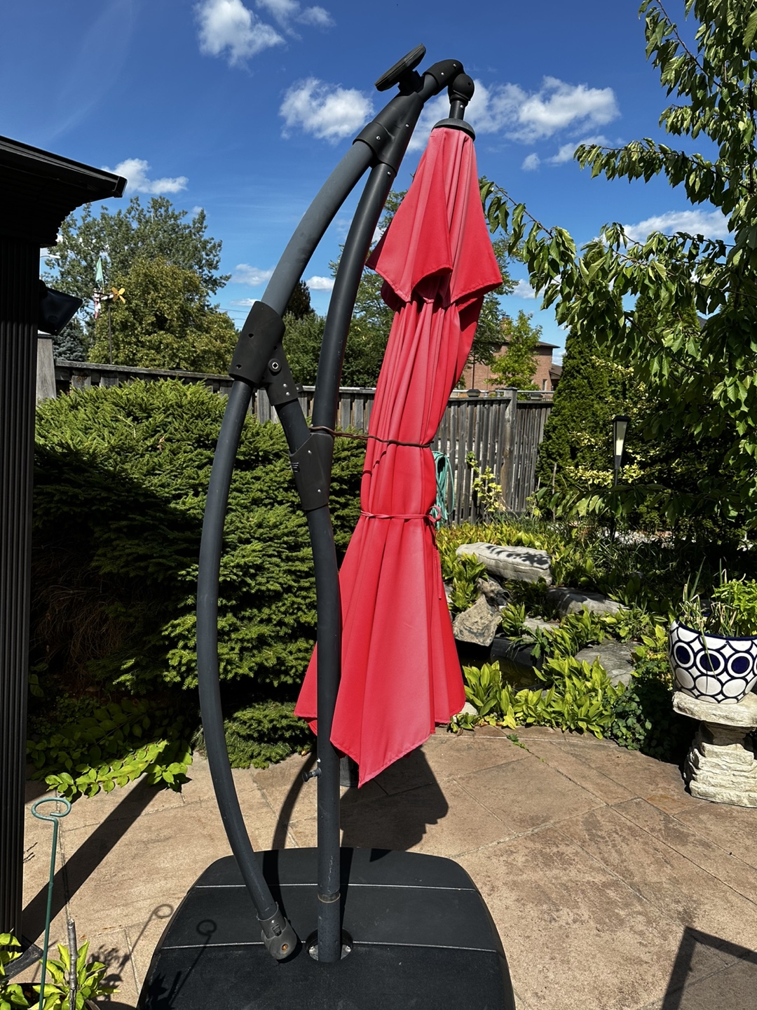 Red Cantilever Patio Umbrella with solar light