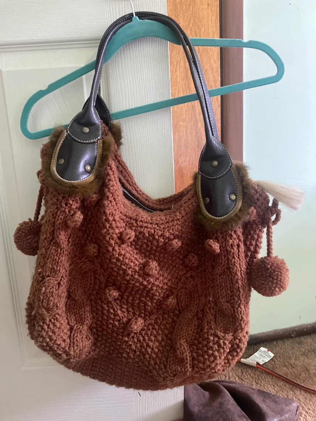 Brown Knit Shoulder Bag with Faux Fur Trim thumbnail