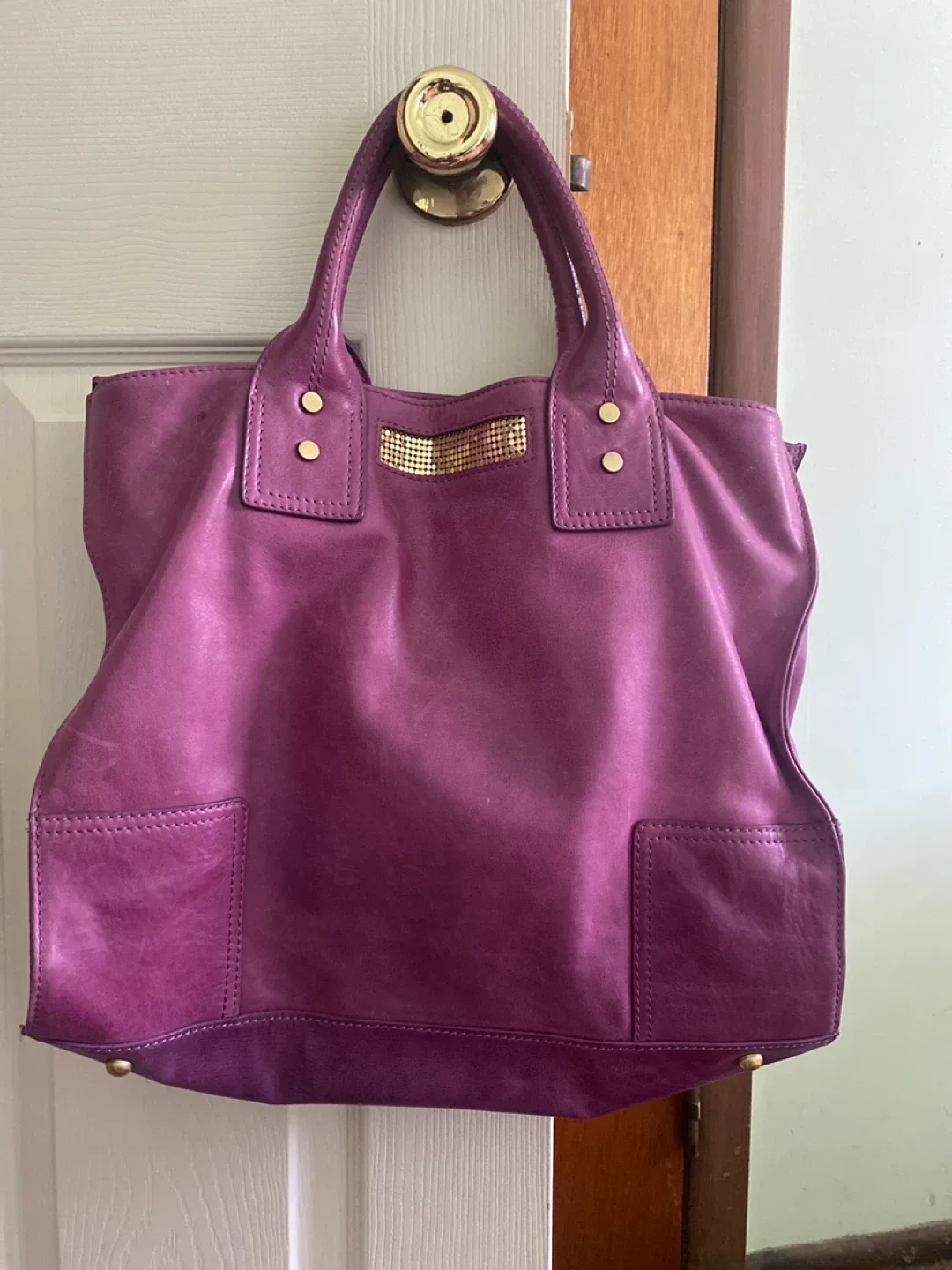 Cho Goldbrenner Purple Leather Tote Bag thumbnail