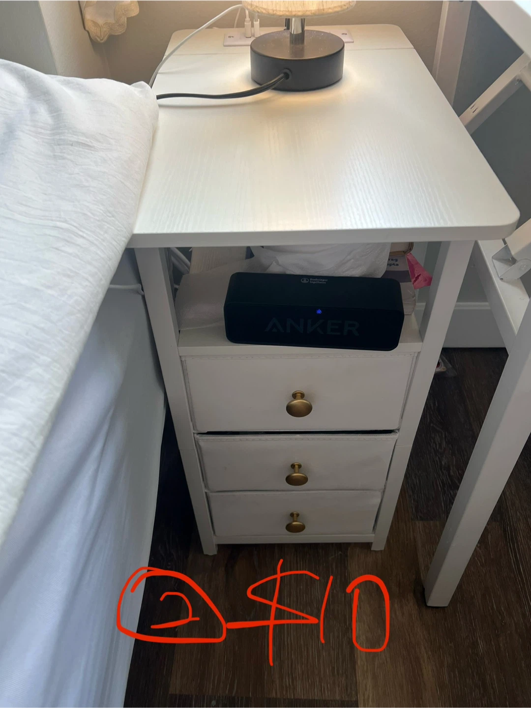 White Nightstand with 3 Drawers - $10