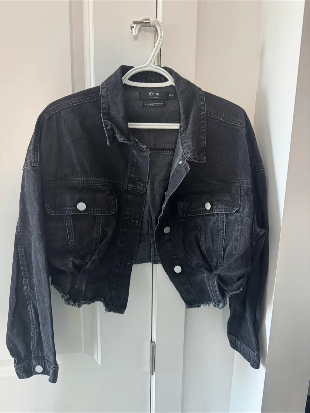 ICONE Cropped Black Denim Jacket - Size M/M thumbnail