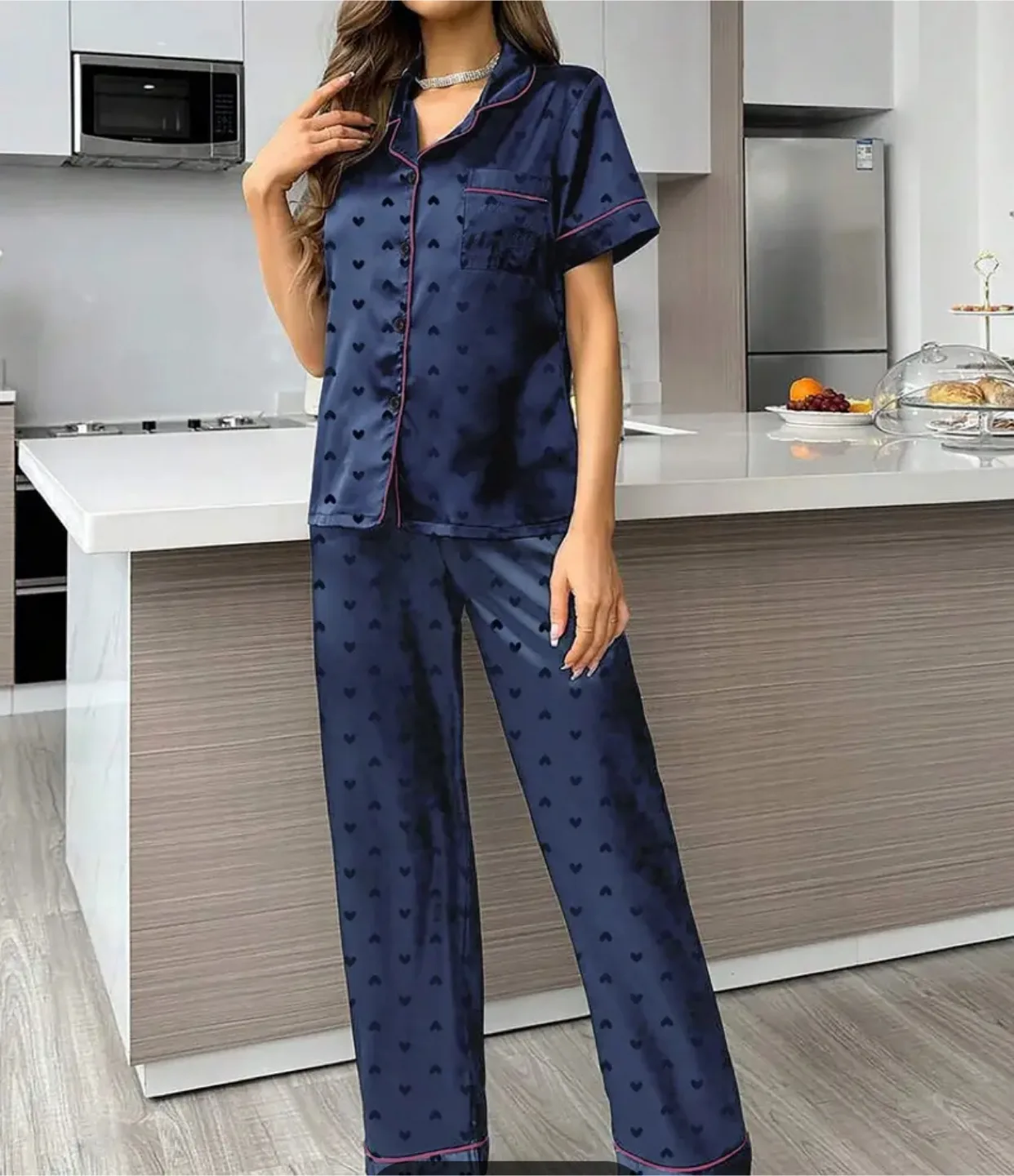 Navy Blue Heart Print Pajama Set image indicator(3)