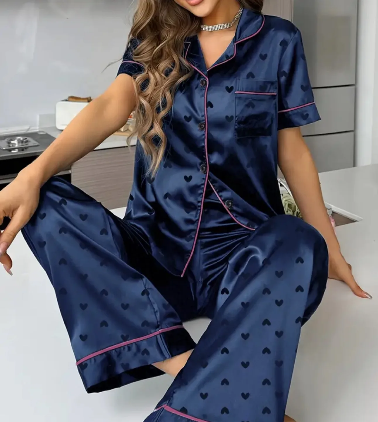 Navy Blue Heart Print Pajama Set thumbnail