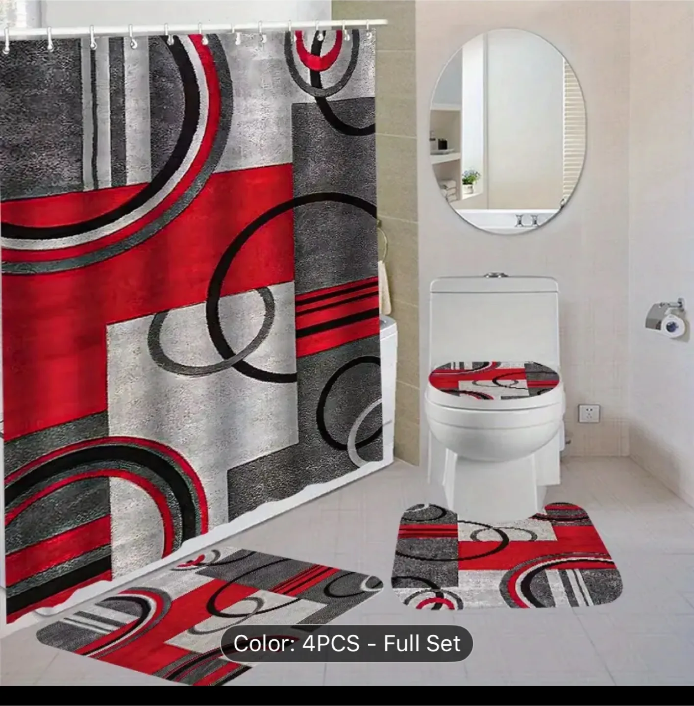 Red & Grey Patterned Shower Curtain & Bath Mat Set image indicator(3)