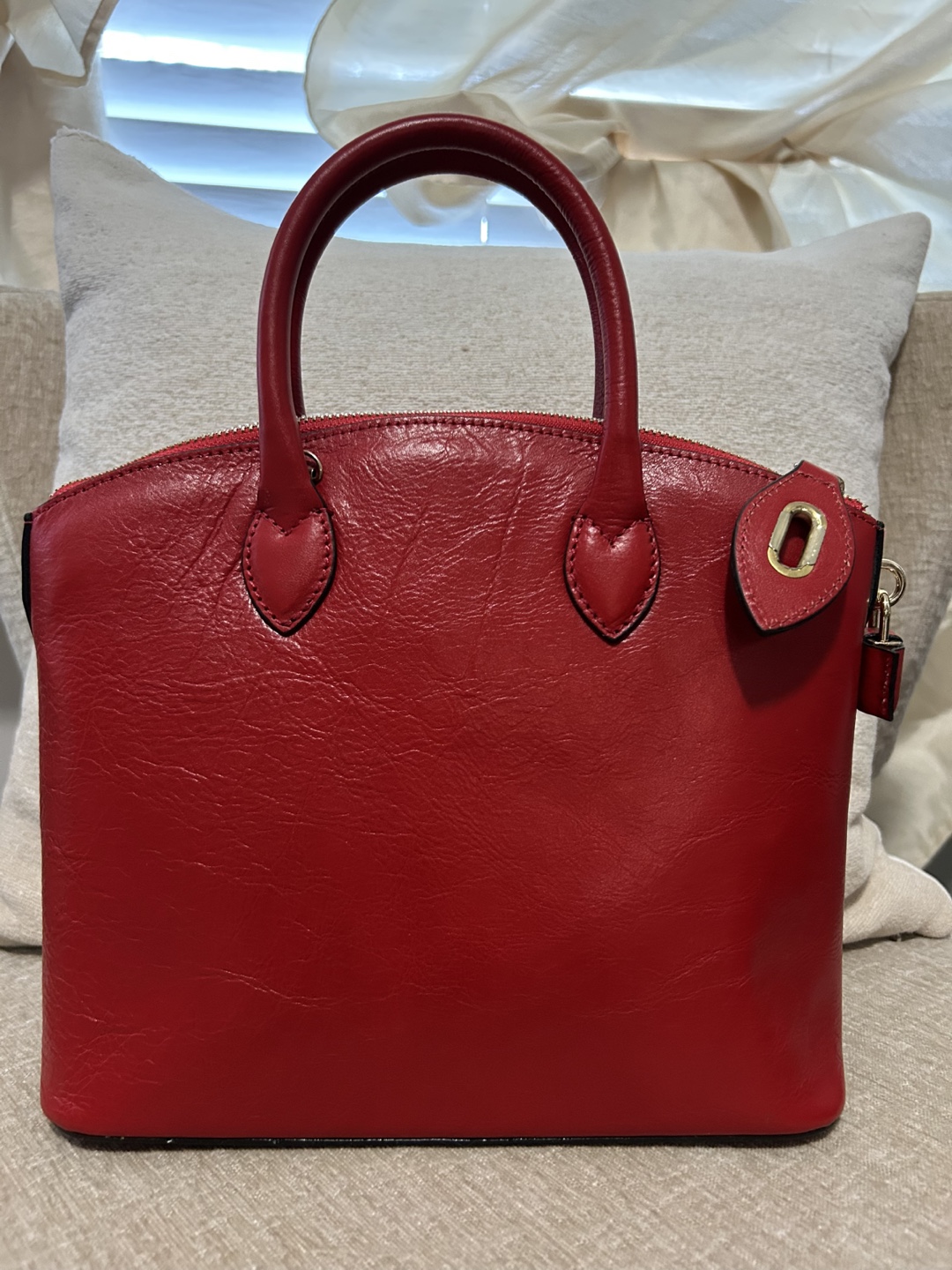 Red Leather Handbag with Strap - photo 2