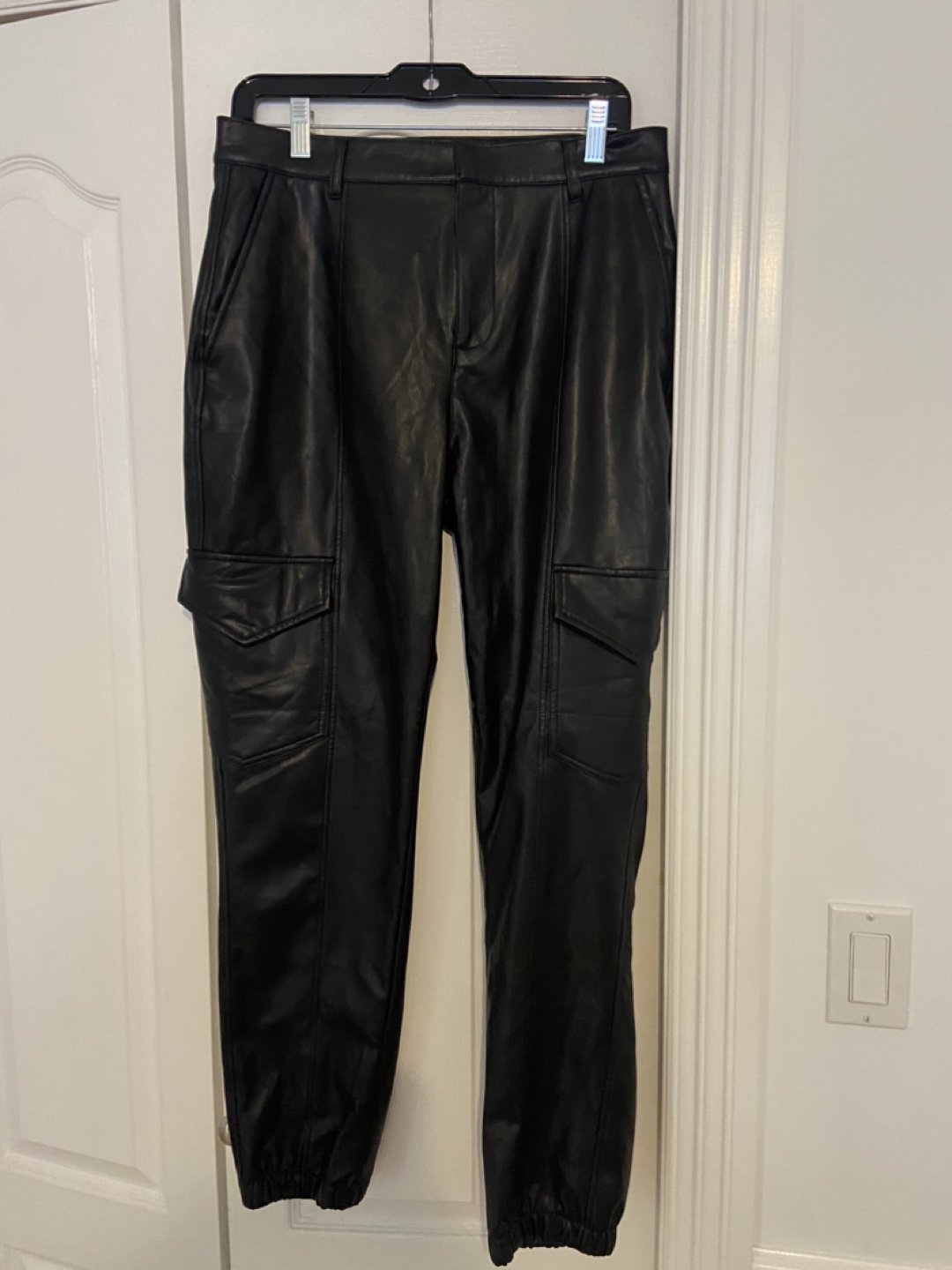 Black Faux Leather Cargo Pants