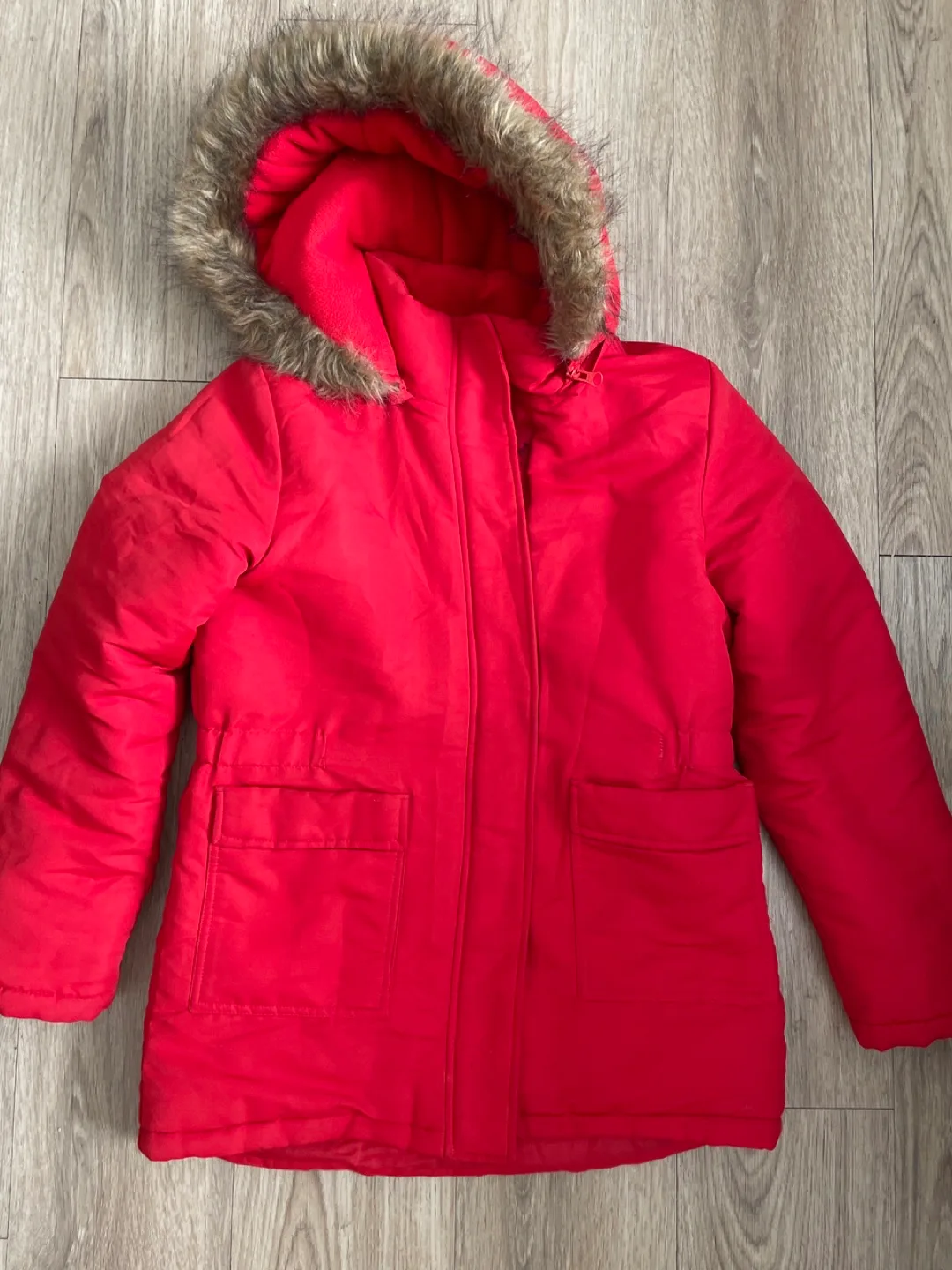 Red Winter Coat with Faux Fur Hood thumbnail