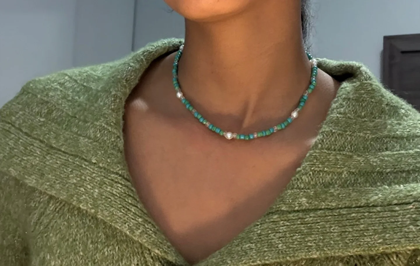 Beaded Pearl Necklace - Turquoise/White thumbnail