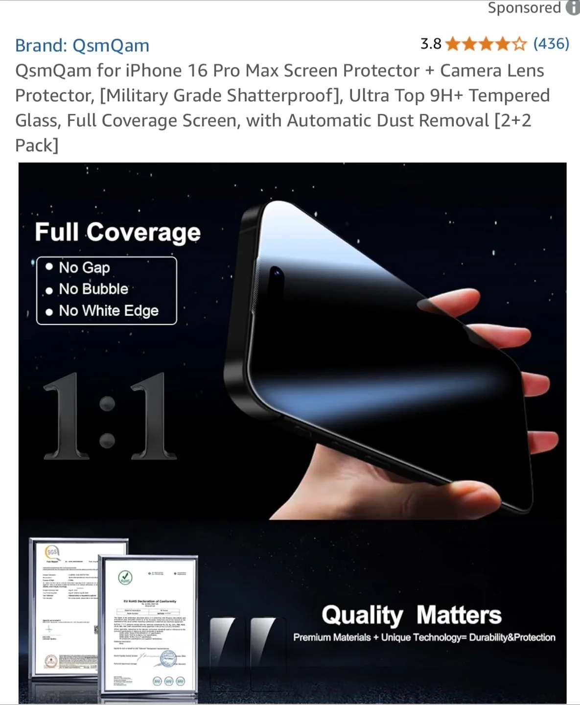 QsmQam iPhone 16 Pro Max Screen Protector + Camera Lens image indicator(4)