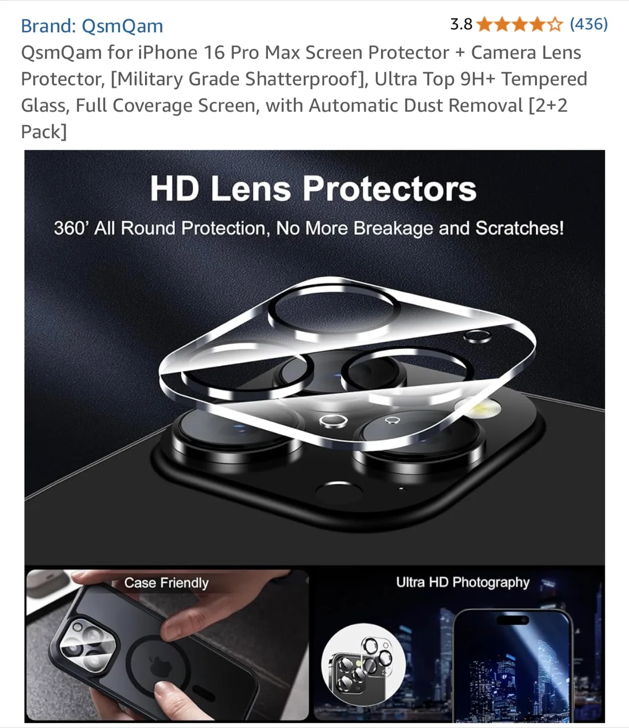 QsmQam iPhone 16 Pro Max Screen Protector + Camera Lens image indicator(9)