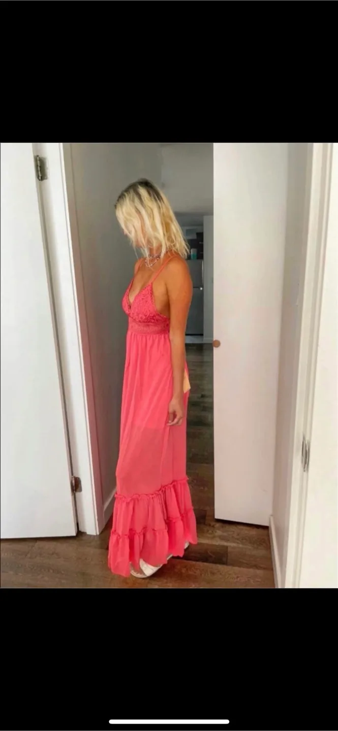 Beautiful New Coral long maxi dress with lace on top image indicator(2)