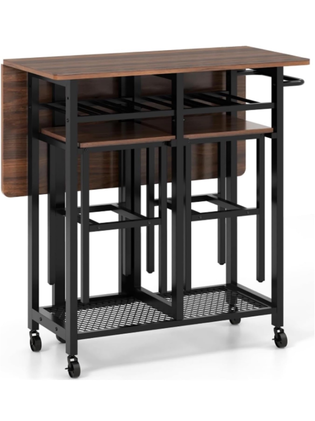 Foldable Dining Table with 2 Stools and Wine Rack