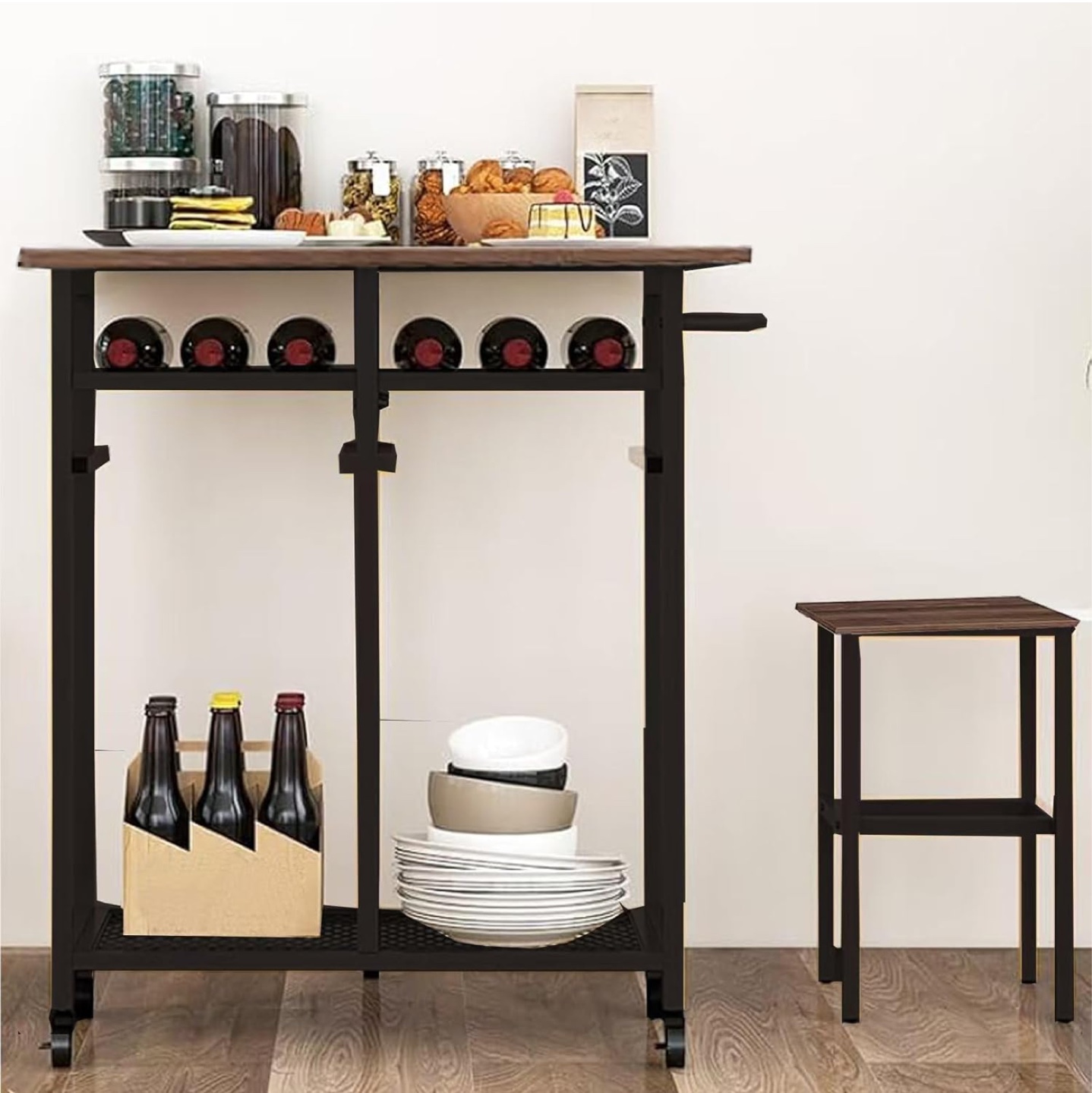 Foldable Dining Table with 2 Stools and Wine Rack - photo 2