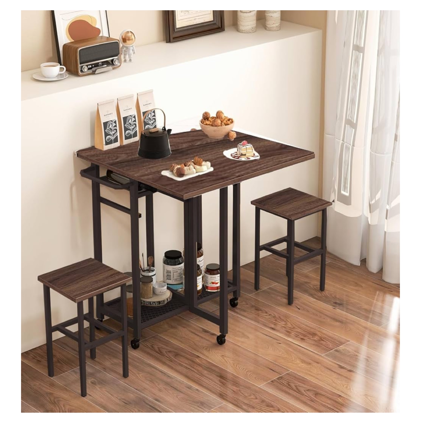 Foldable Dining Table with 2 Stools and Wine Rack - photo 3