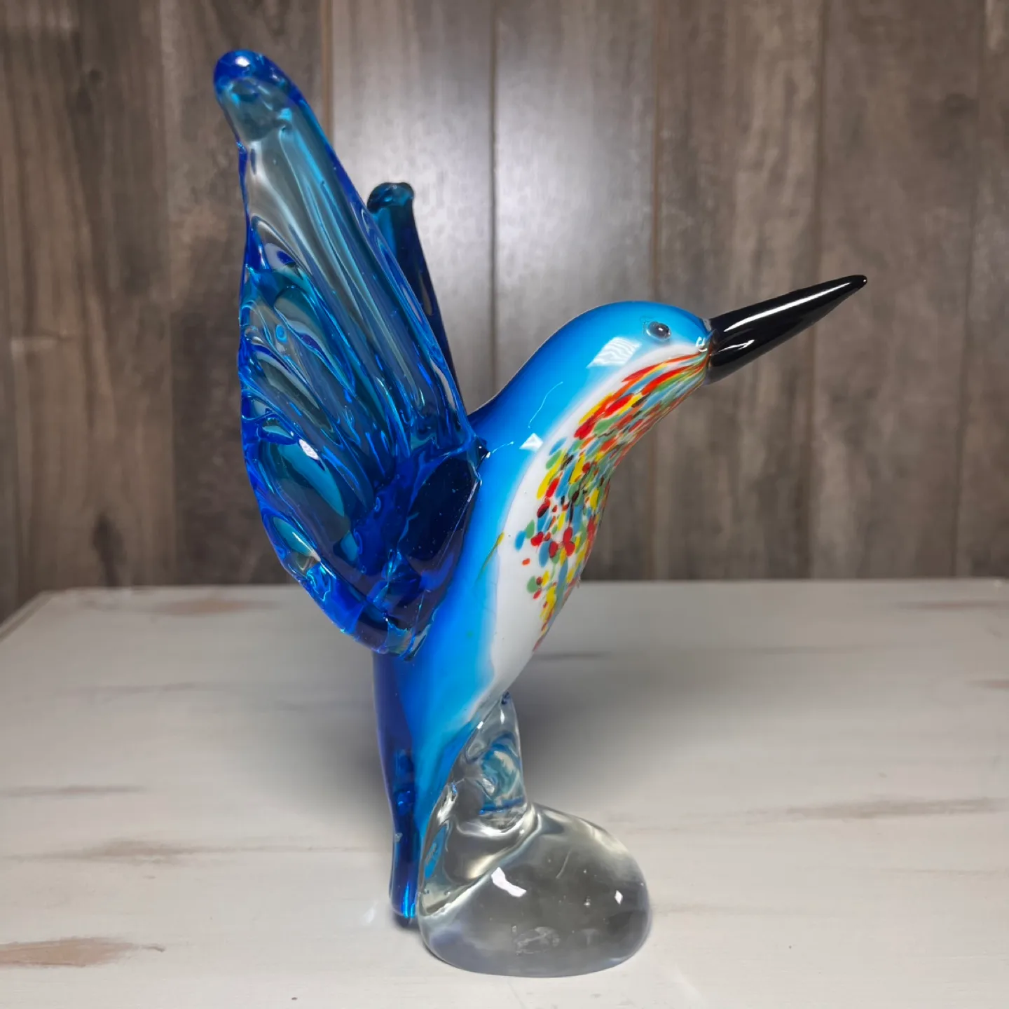 Blue Hummingbird Hand Blown Art Glass Murano Style 7 1/2” Tall thumbnail