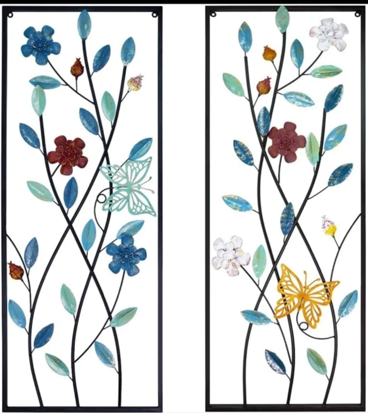 Large 2 Piece Metal Butterflies & Flowers Sculpture Wall Art thumbnail