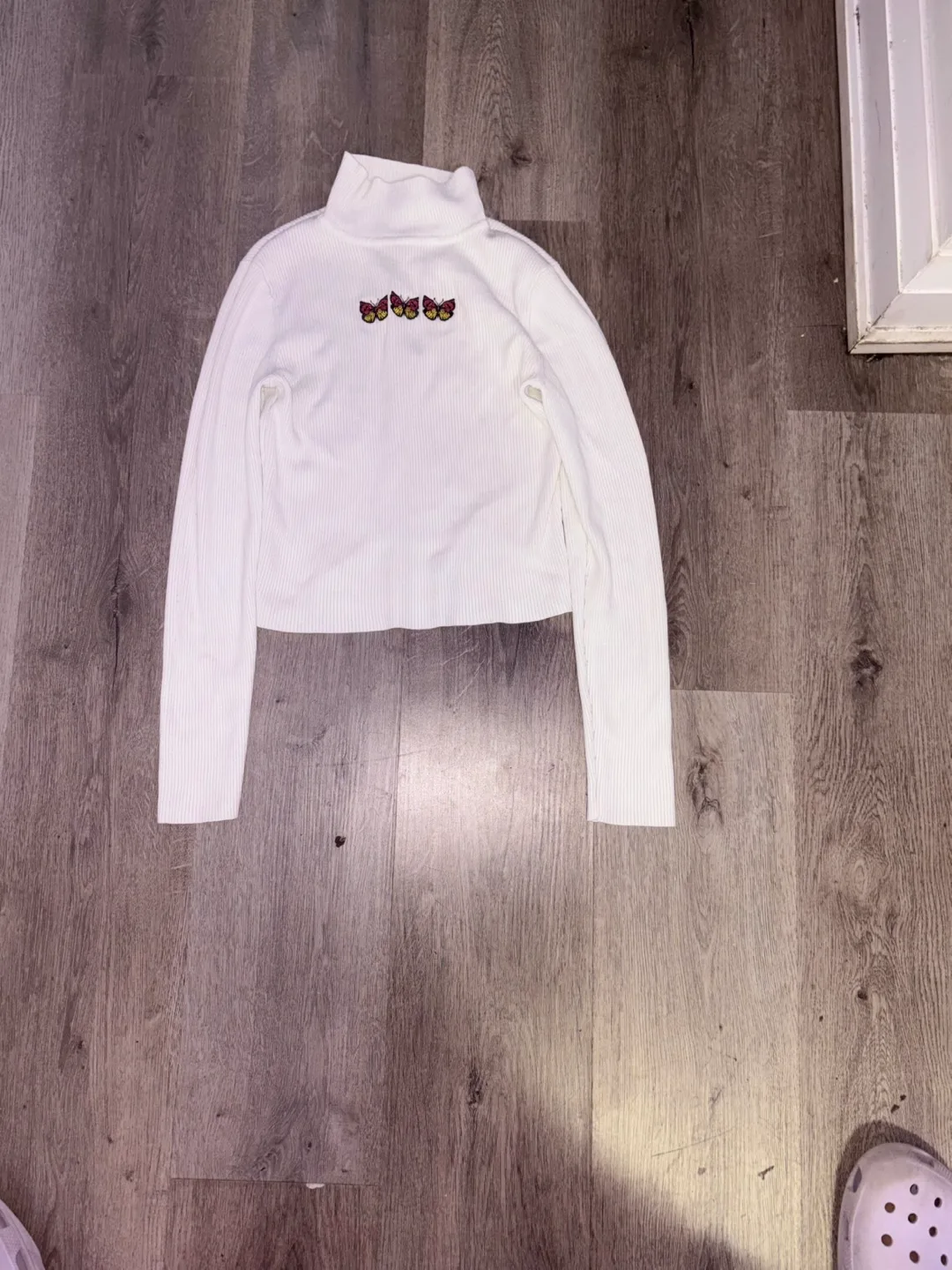 White Ribbed Turtleneck with Butterflies thumbnail