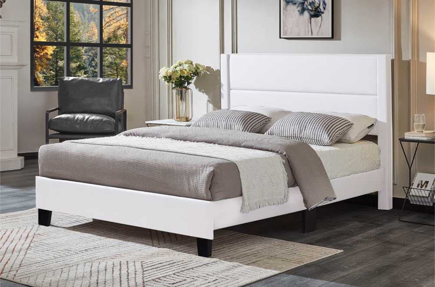 White Faux Leather Platform Bed (Queen)
